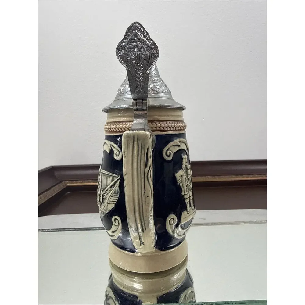 Vintage Original King German Beer Stein Cobalt Blue Castle Relief Pewter Lid KWG